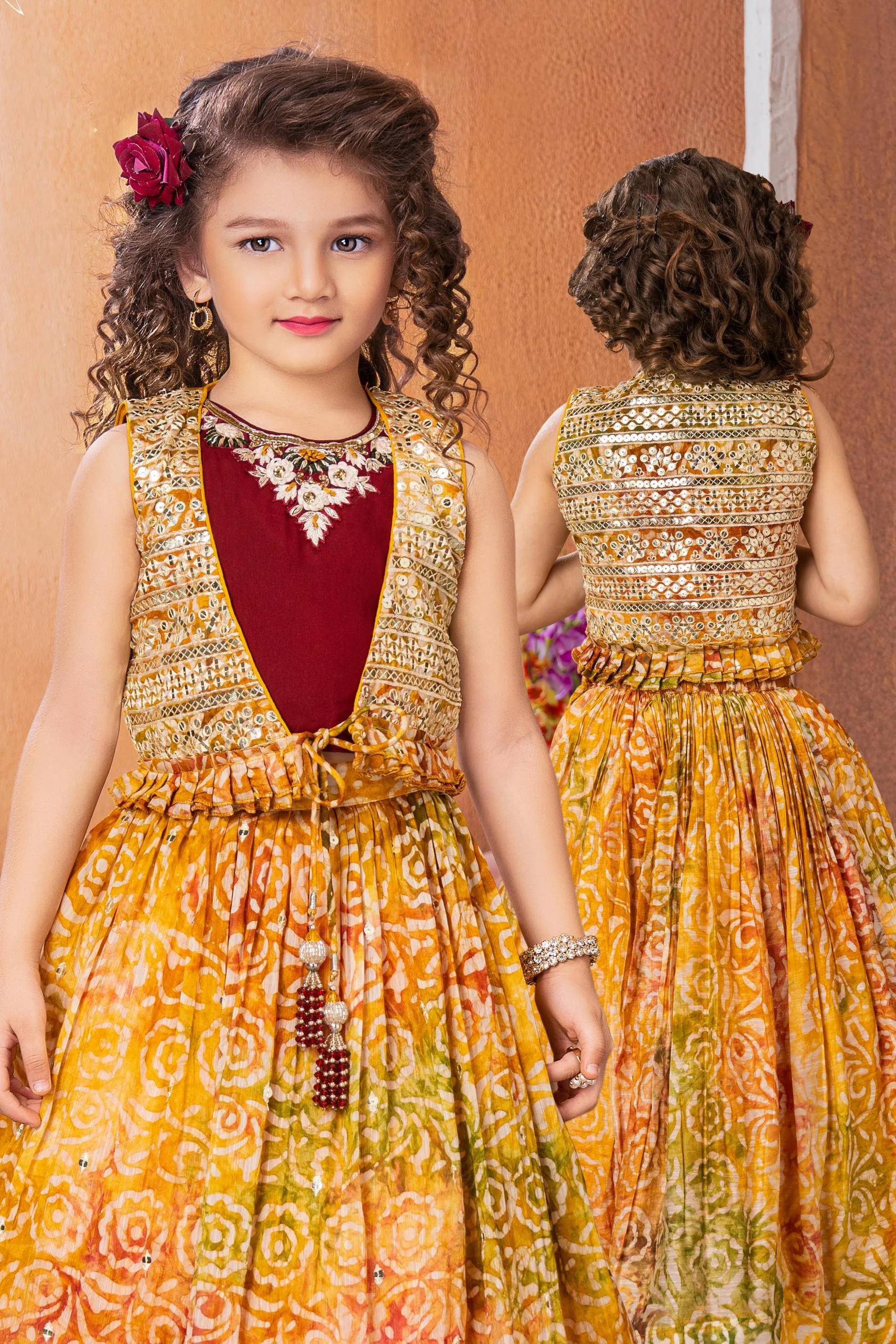 Yellow with Maroon Batik Print Overcoat Styled Lehenga Choli for Girls